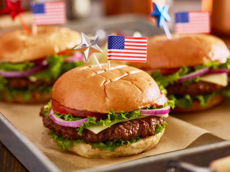 tray of burgers with 4th of july theme