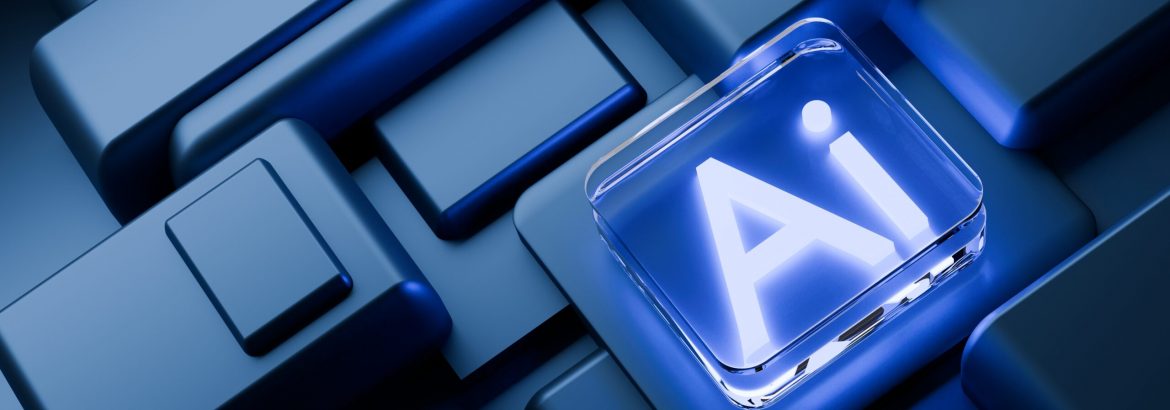 AI, artificial intelligence logo on blue geometric square background. 3d render artificial intelligence concept, AI logo