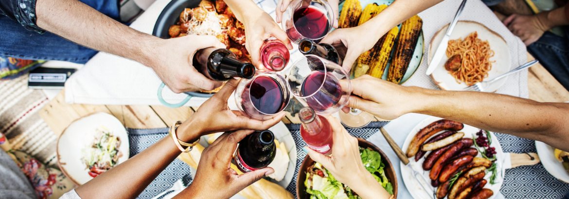 Aerial view of people toasting together