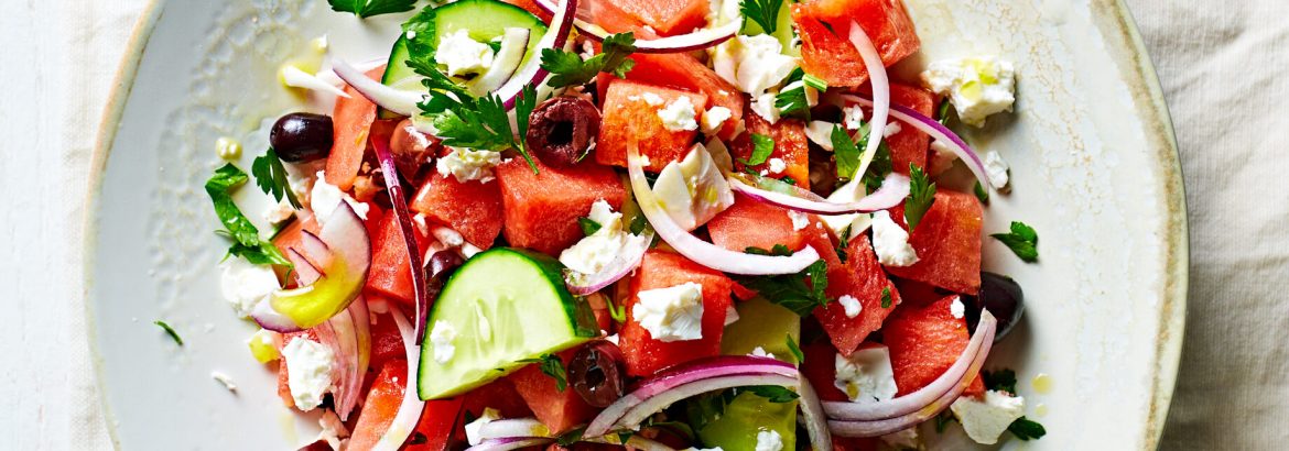 Watermelon Greek Salad with Kalamata Olives. Top view